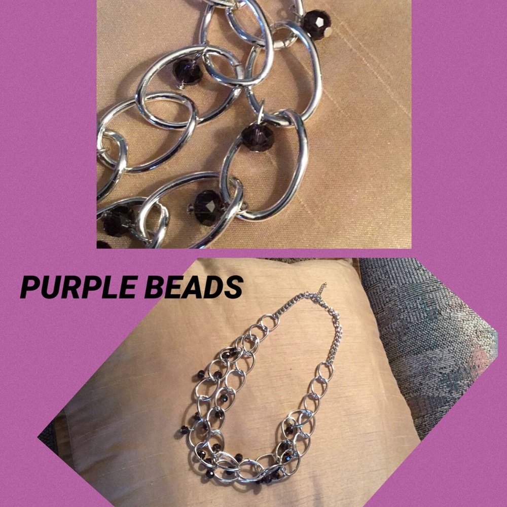 24” L SILVER TONE DOUBLE NECKLACE w/ PURPLE BEADS